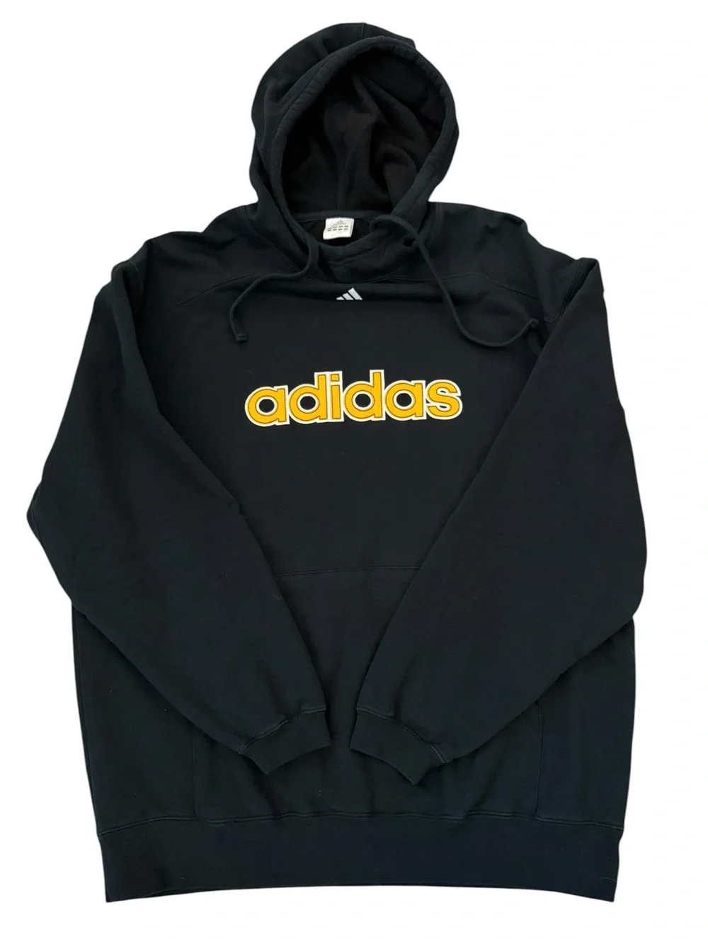 Vintage Y2K Adidas Center Spellout Logo Hoodie Black Yellow Size XL Heavyweight